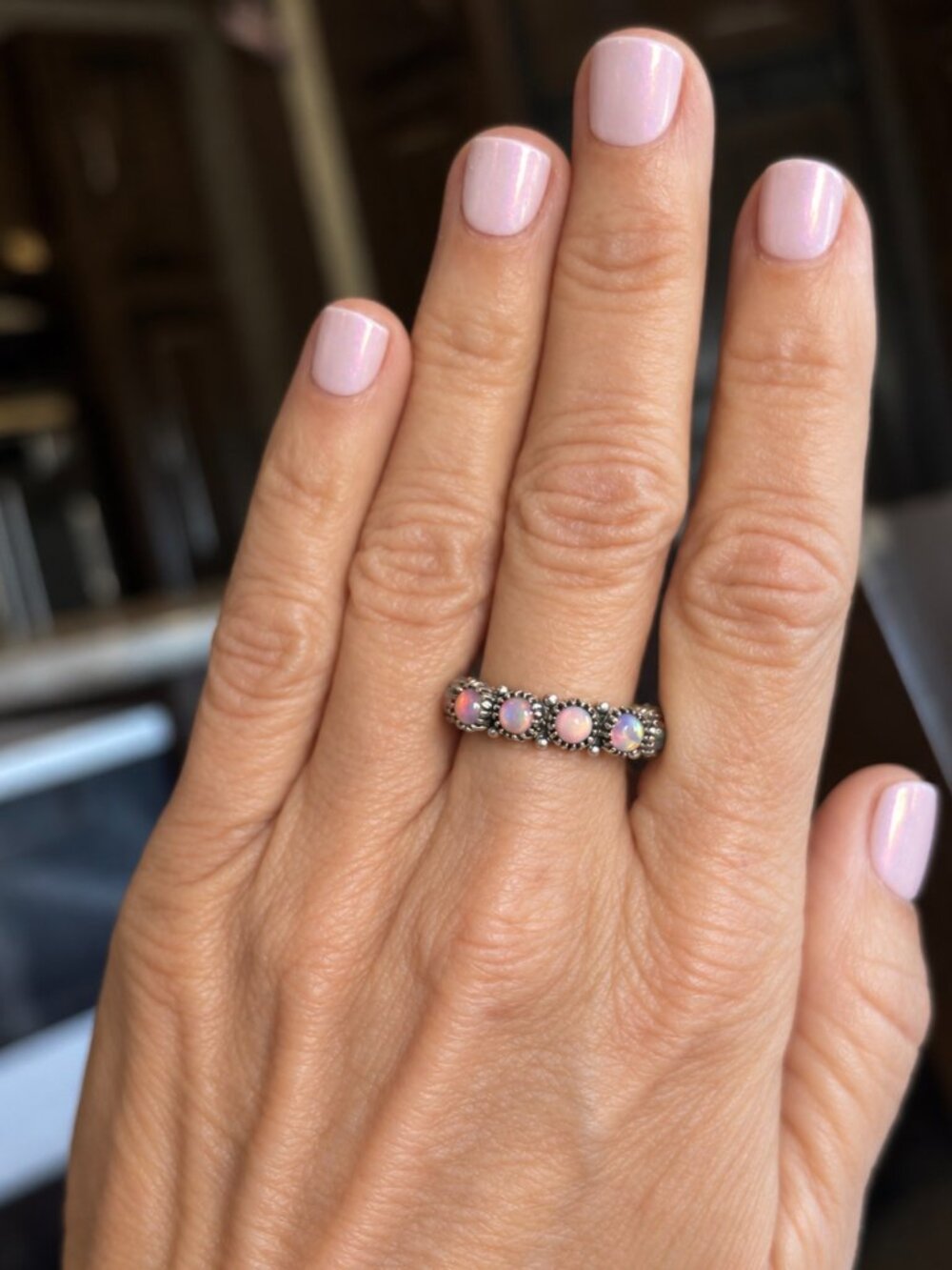 Pink Created Opal Eternity Band Ring Size 10 | Sterling Silver Western Ring